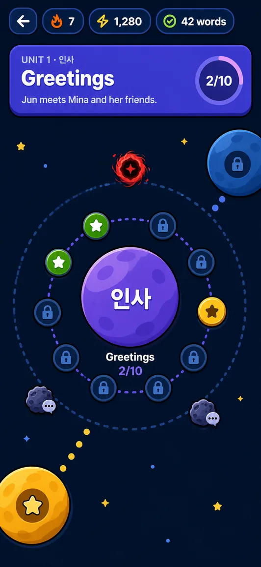 Vela's Korean Learn screen showing the Greetings unit as a cartoon planet with concentric lesson orbits